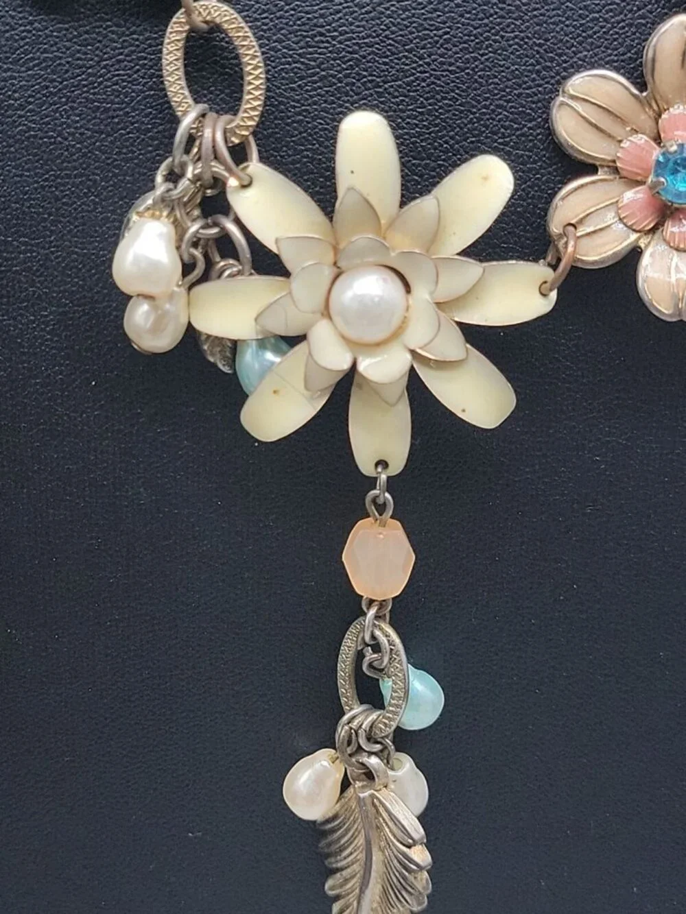 Vintage Plunder Dangling Flower Necklace Multicolor Rhinestones Silver Tone 20" - Picture 5 of 16